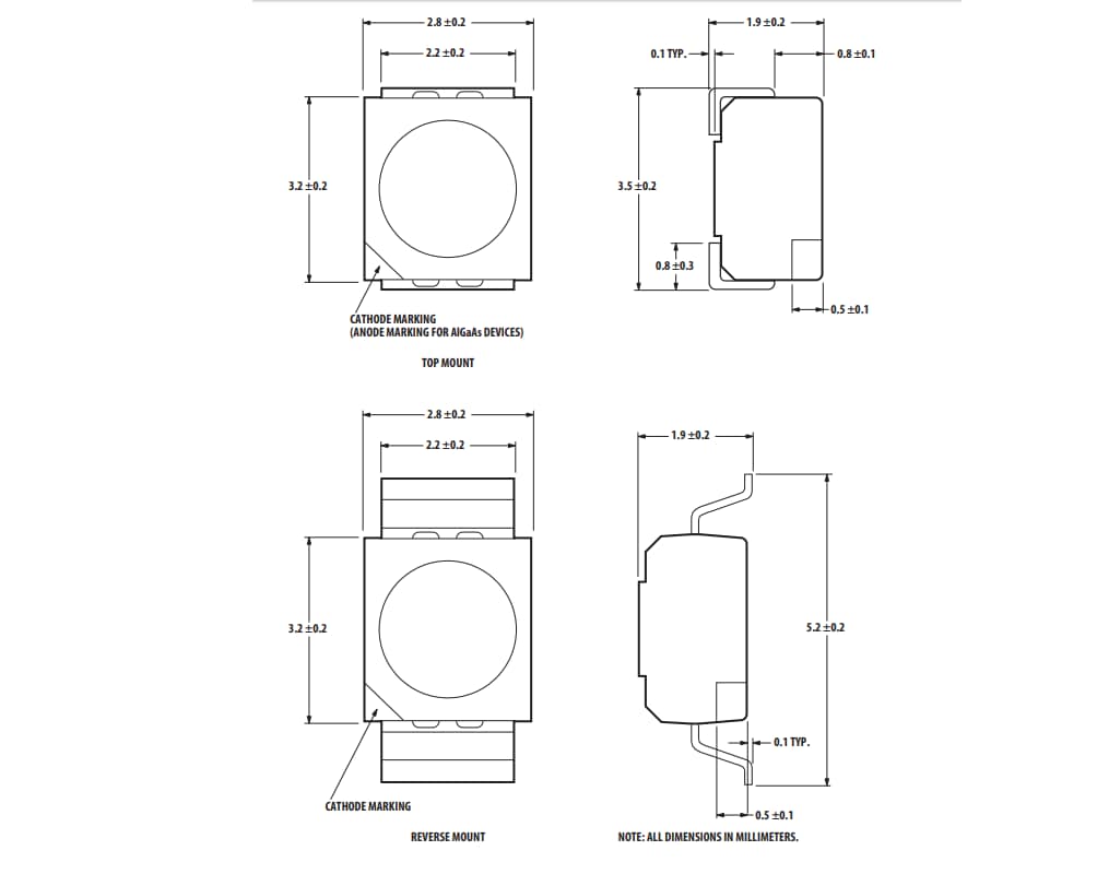 Mechanical Drawing - Broadcom HSMx-A10x Surface Mount LED indicators