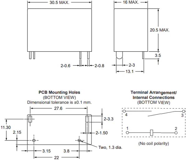 Mechanical Drawing - Omron Electronics G6QG PCB Power Relays Mechanical Drawing - Omron Electronics G6QG PCB Power Relays