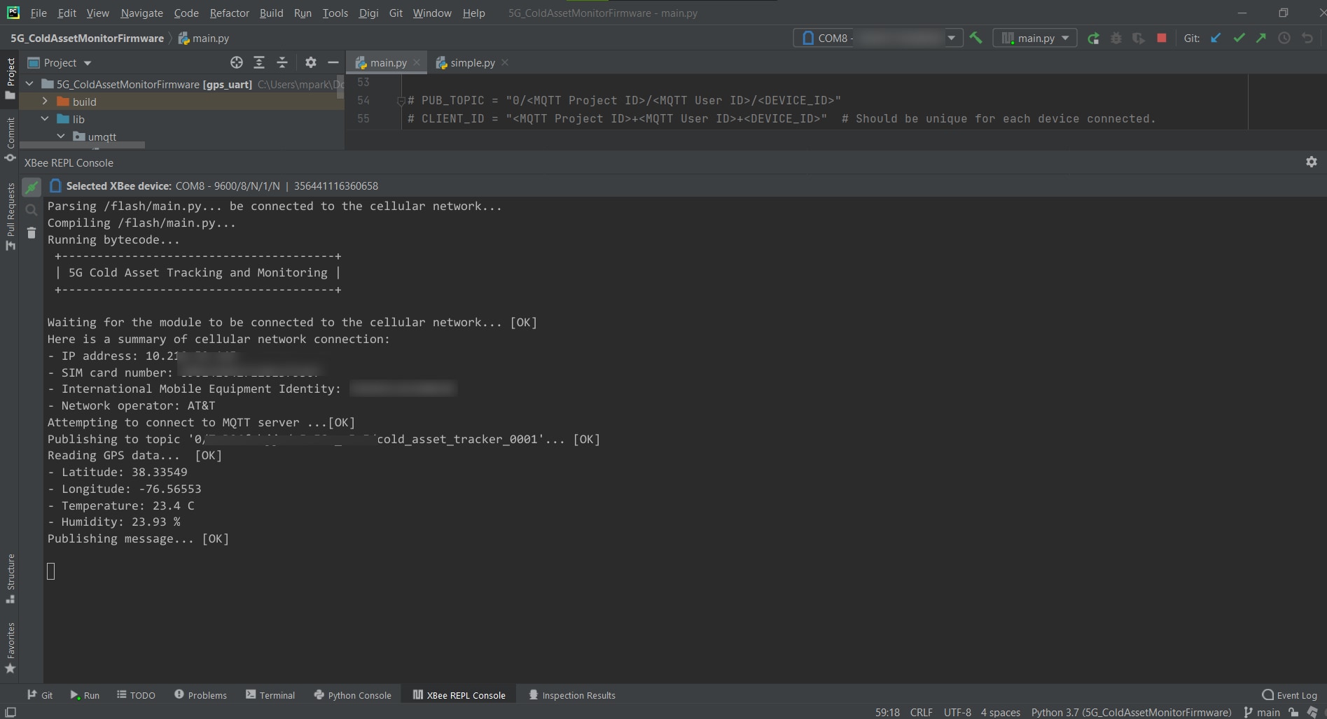 Data from the device can be sent over a virtual serial COM port for debugging purposes